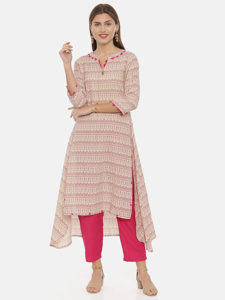 Neerus Beige Printed High Low Kurta
