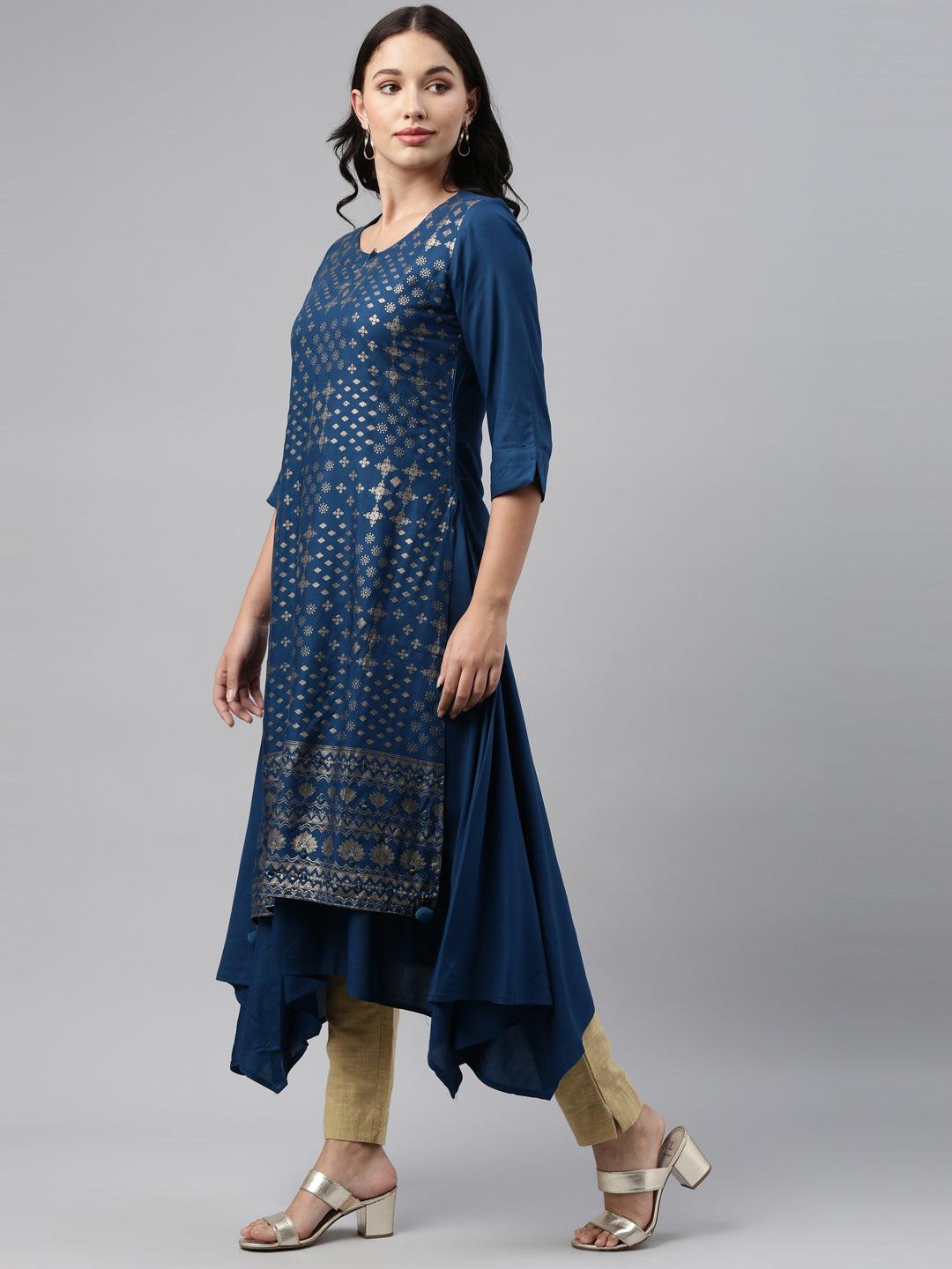 Neerus Blue rayon straight kurti - back view