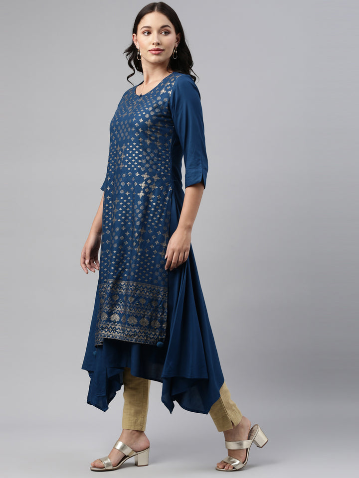 Neerus Blue rayon straight kurti - back view