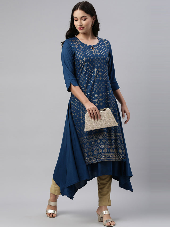 Neerus Blue rayon straight kurti - front view