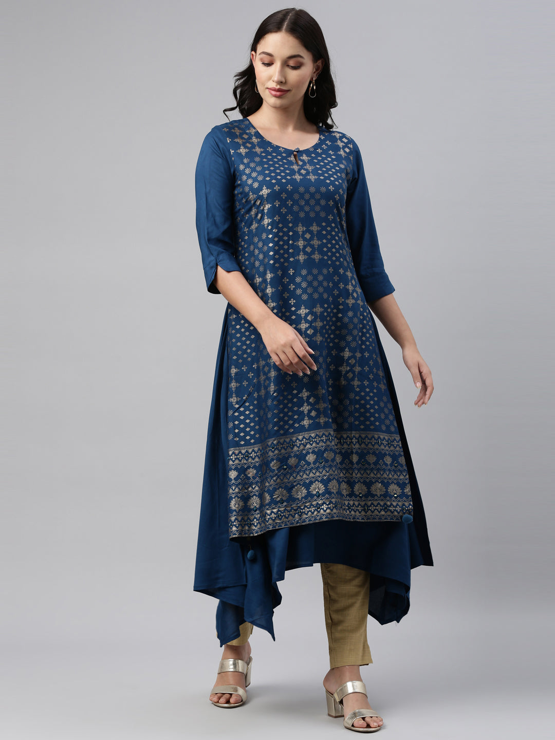 Neerus Blue rayon straight kurti - detail view 3