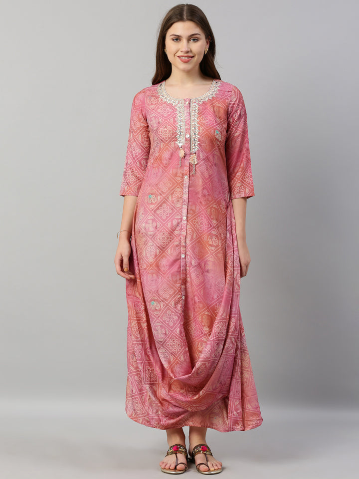 Neerus Pink Printed A Line Kurta