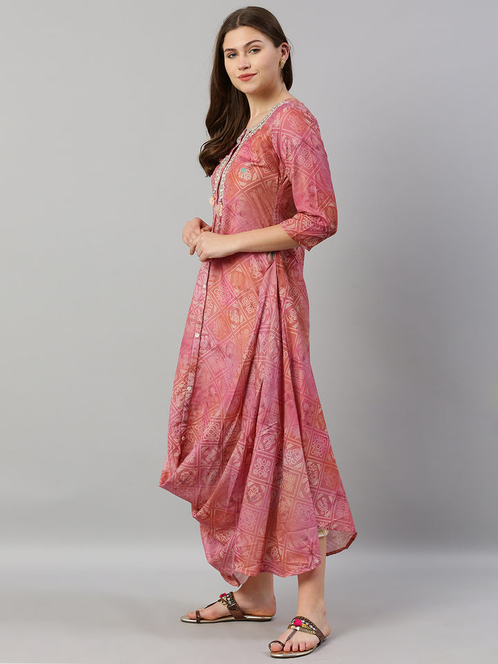 Neerus Pink Printed A Line Kurta