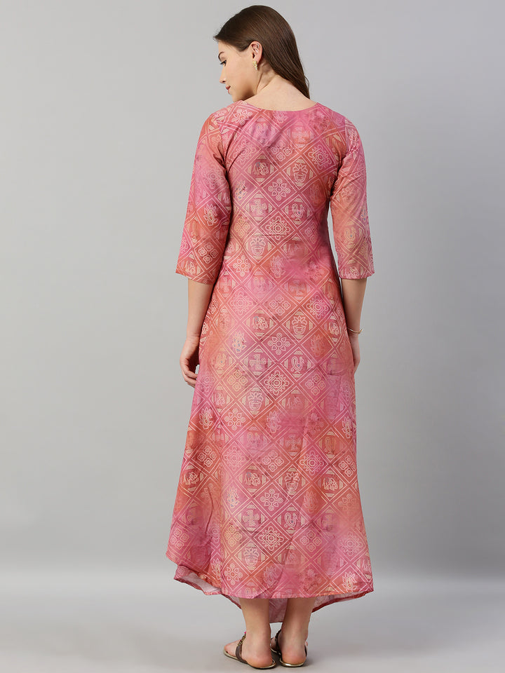 Neerus Pink Printed A Line Kurta