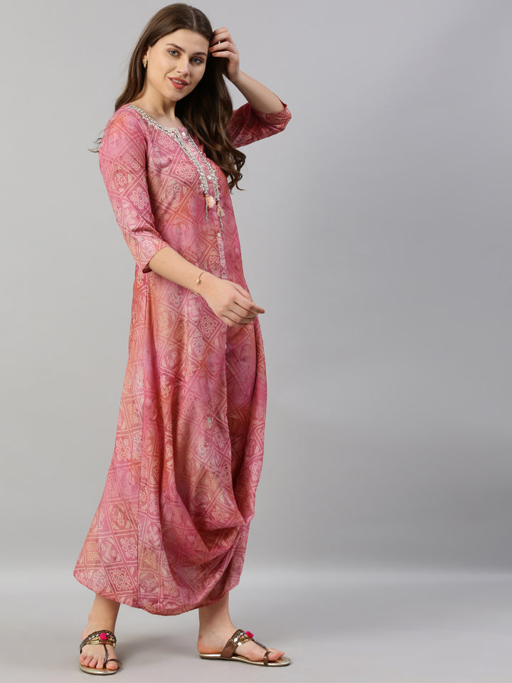 Neerus Pink Printed A Line Kurta