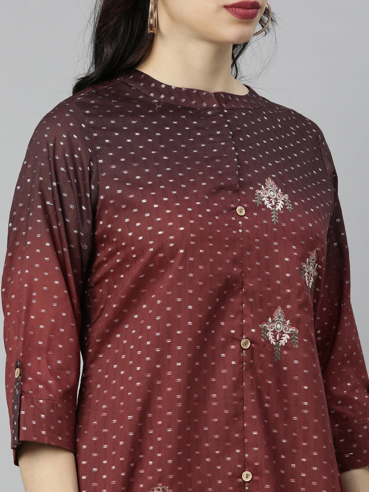 Neerus Brown modal printed high-low kurti mandarin collar - back view