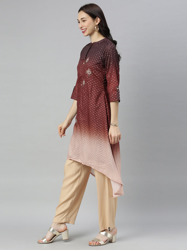 Neerus Brown modal printed high-low kurti mandarin collar - detail view 2