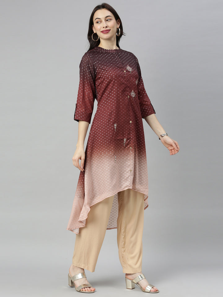 Neerus Brown modal printed high-low kurti mandarin collar - detail view 3
