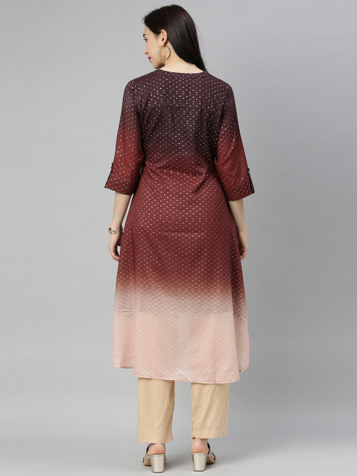 Neerus Brown modal printed high-low kurti mandarin collar - detail view 4