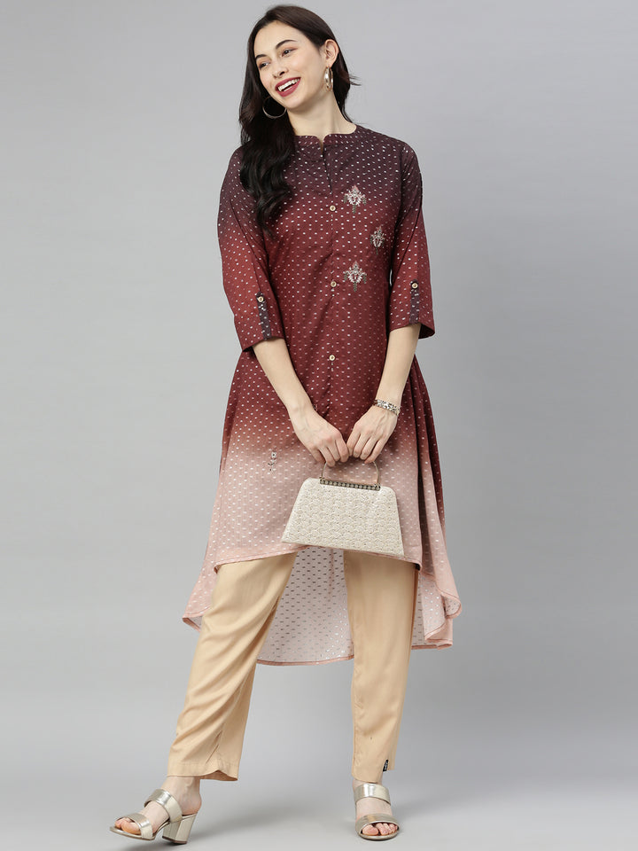 Neerus Brown modal printed high-low kurti mandarin collar - detail view 5