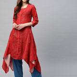 Neerus Red Printed High Low Kurta