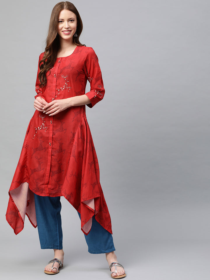 Neerus Red Printed High Low Kurta