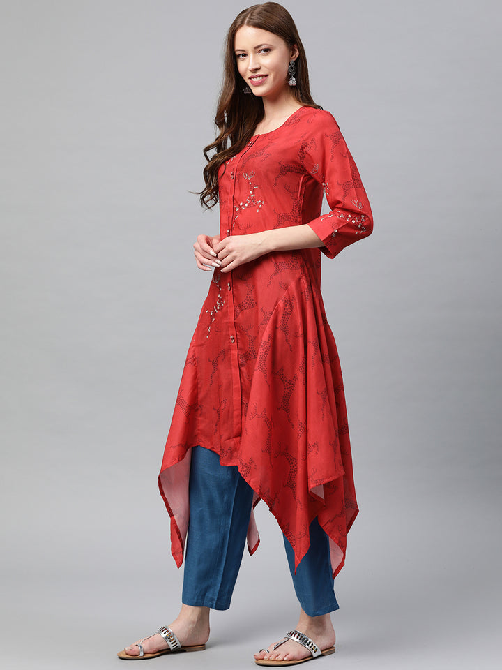Neerus Red Printed High Low Kurta