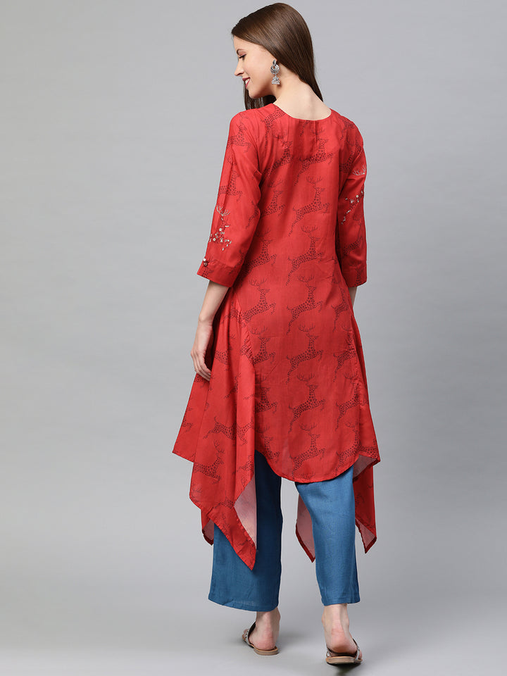 Neerus Red Printed High Low Kurta