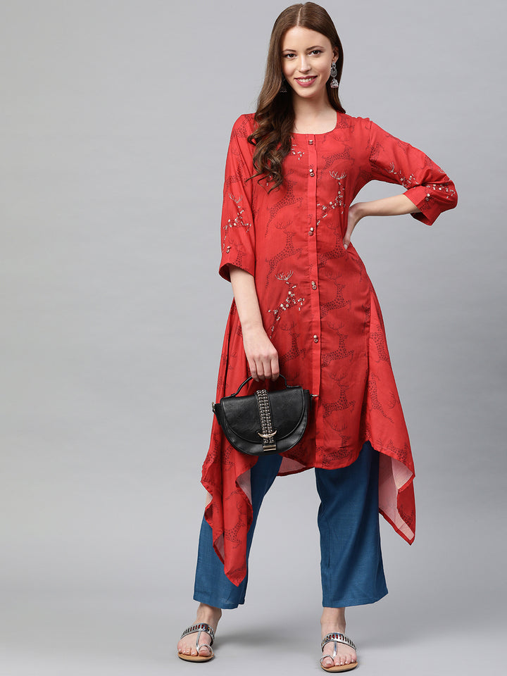 Neerus Red Printed High Low Kurta