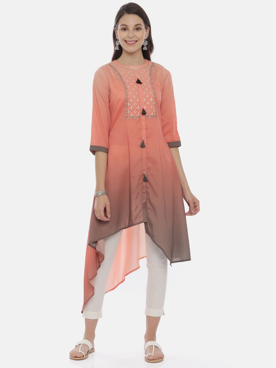 Neerus Orange muslin embroidered high-low kurta - front view