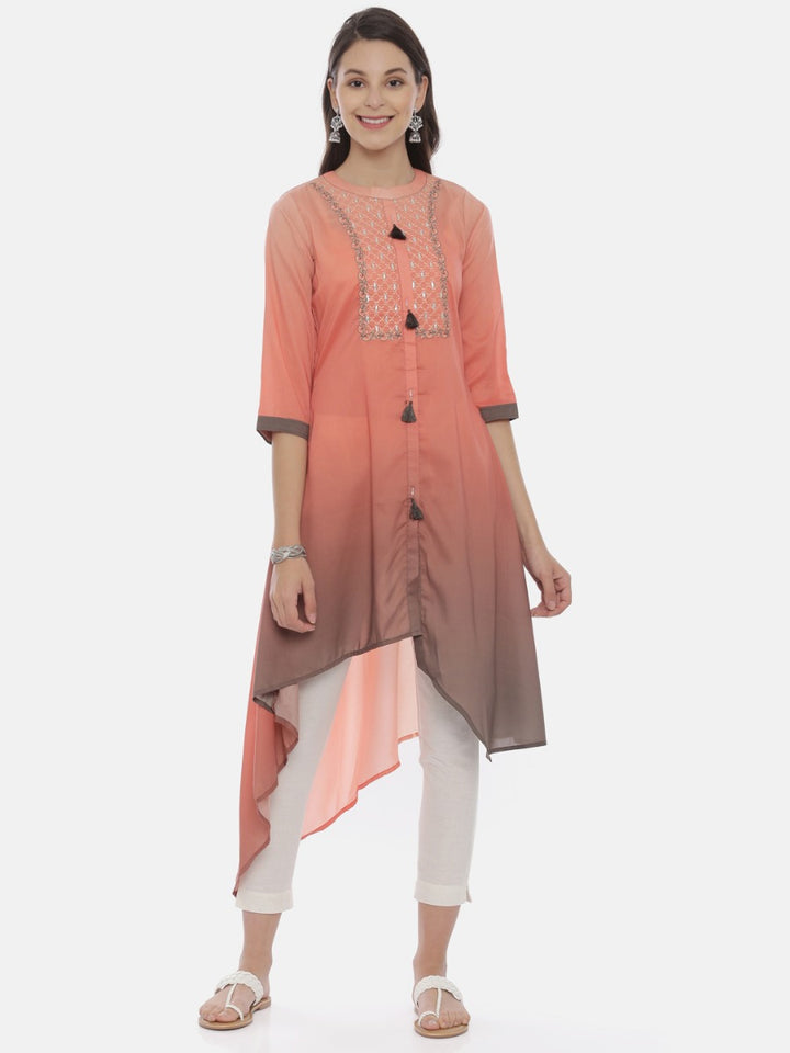 Neerus Orange muslin embroidered high-low kurta - front view