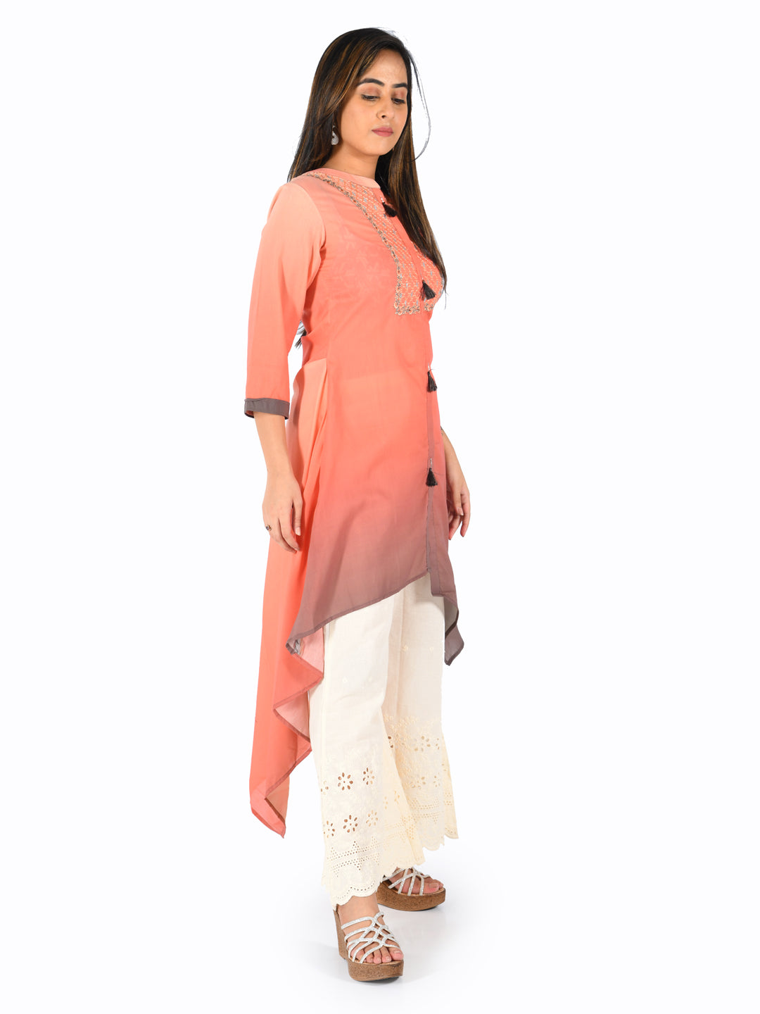 Neerus Orange muslin embroidered high-low kurta - detail view 4