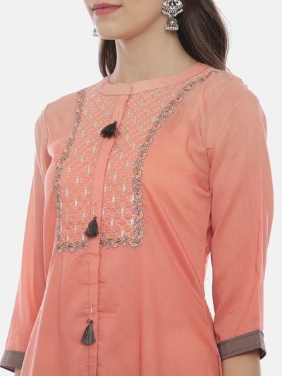 Neeru's Peach Embroidered High Low Kurta