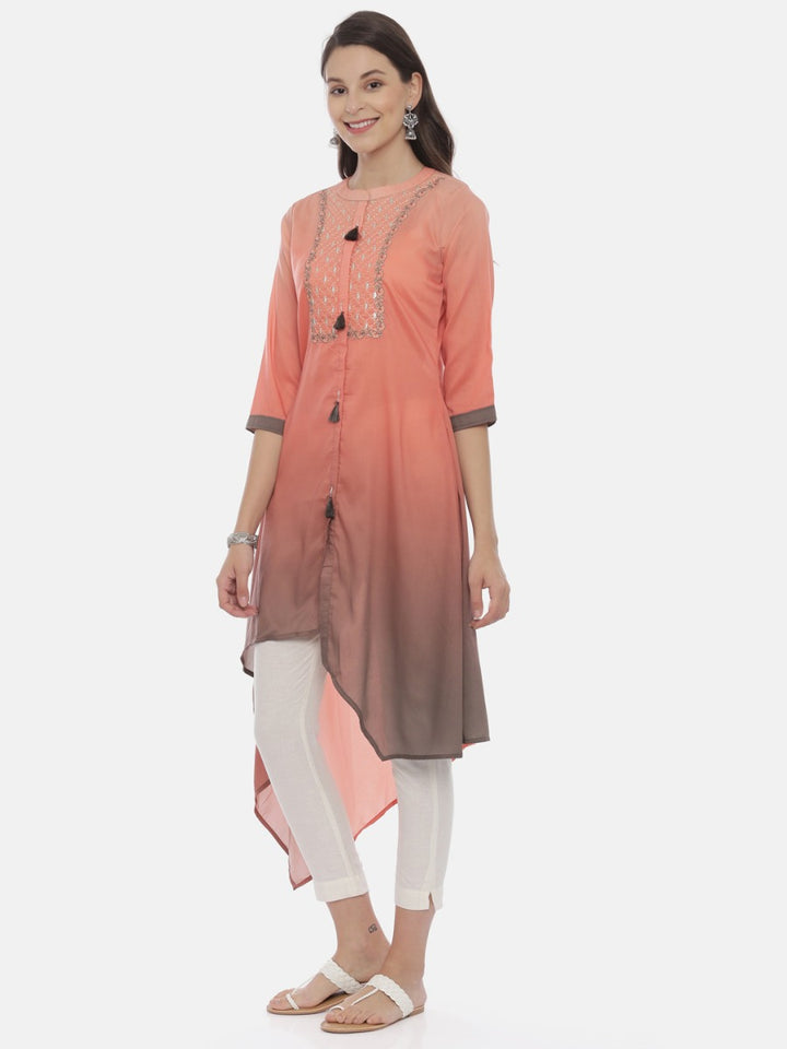 Neerus Orange muslin embroidered high-low kurta - side view