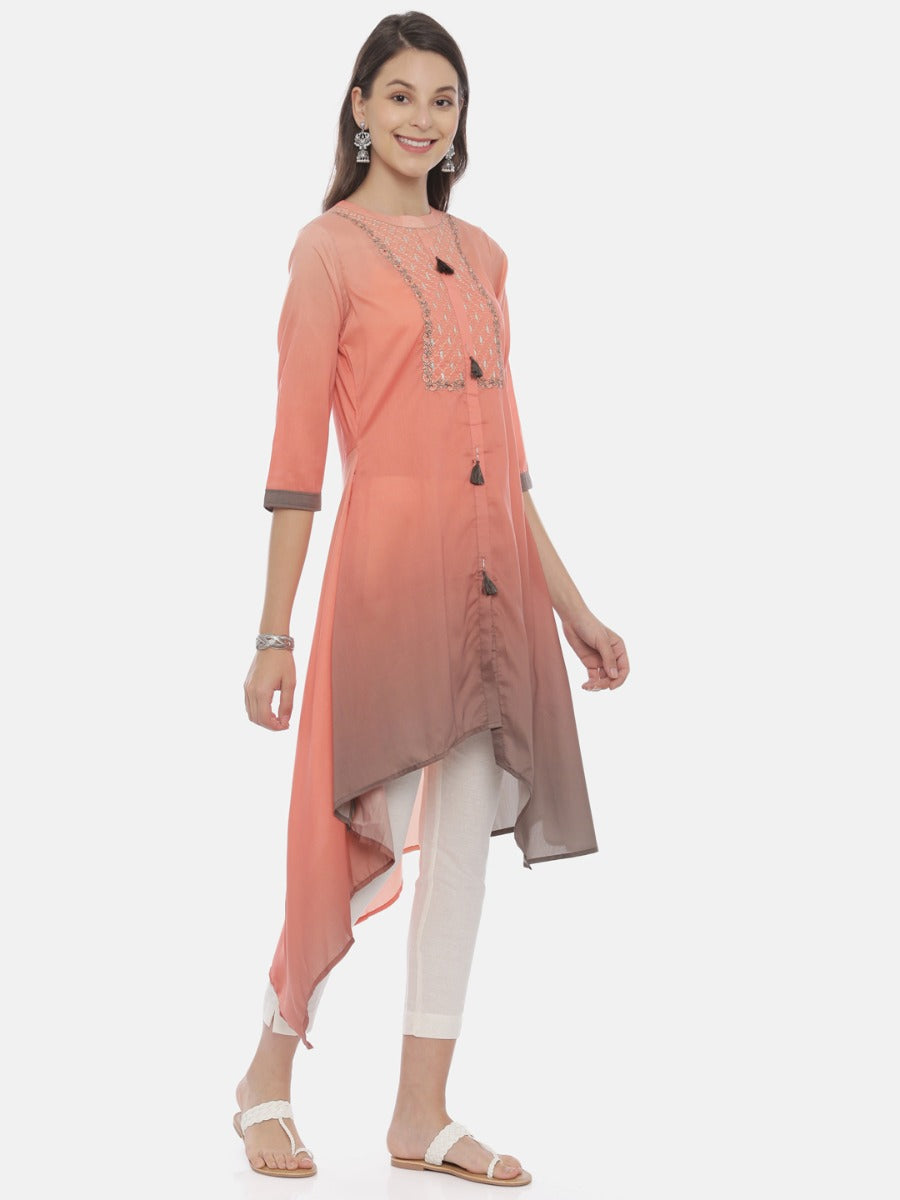 Neerus Orange muslin embroidered high-low kurta - detail view 1