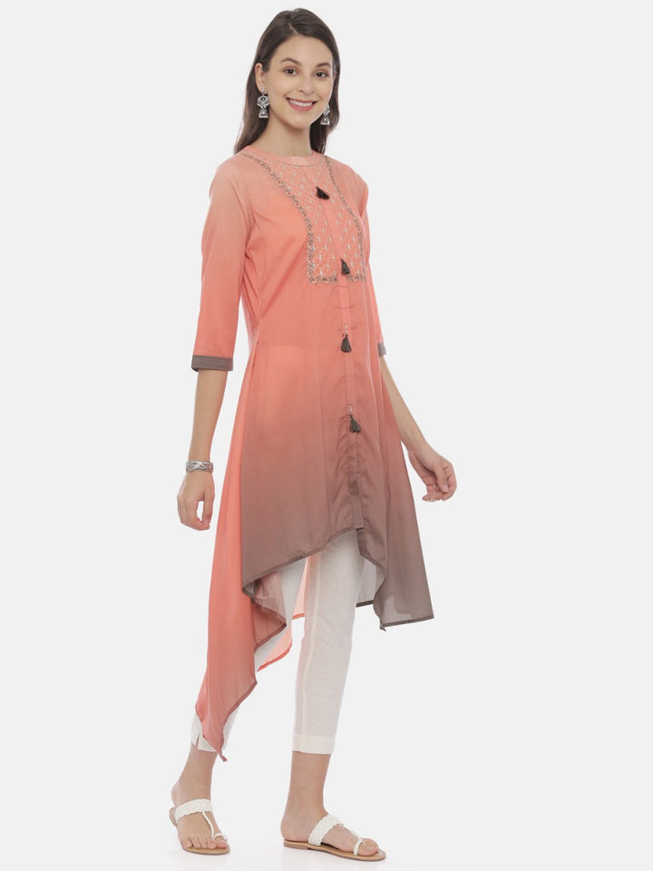 Neerus Orange muslin embroidered high-low kurta - detail view 1