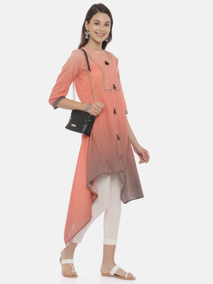 Neerus Orange muslin embroidered high-low kurta - detail view 3