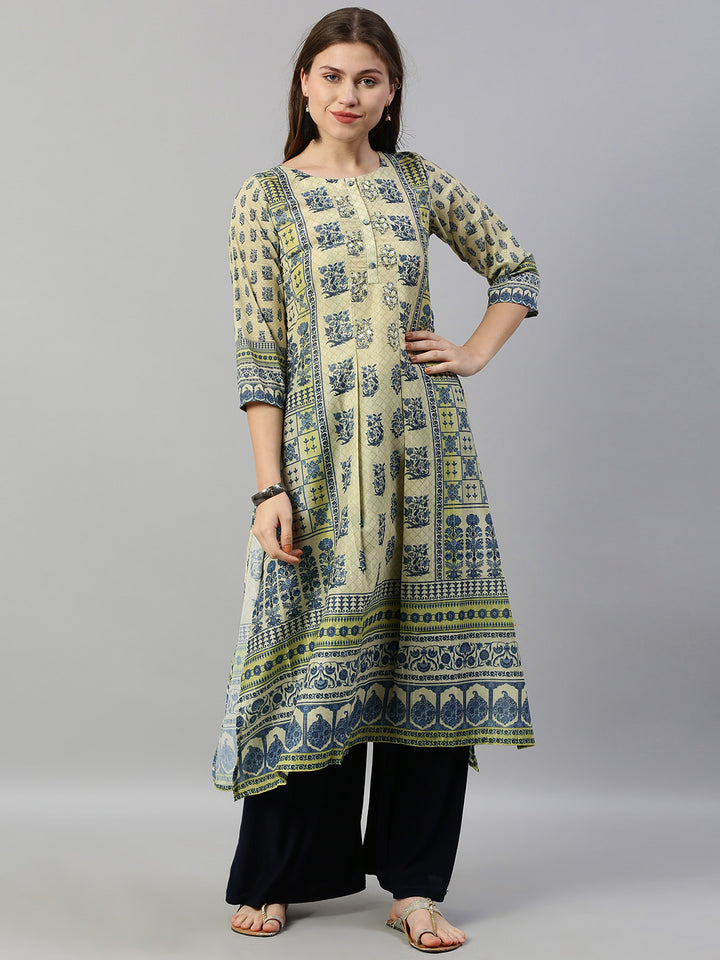 Neerus Beige Embroidered A Line Kurta