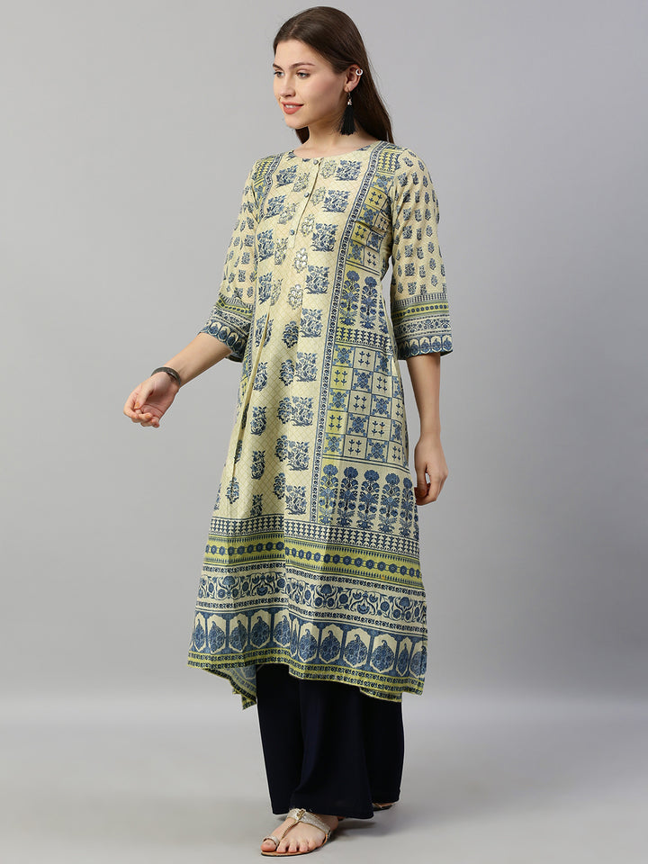 Neerus Beige Embroidered A Line Kurta