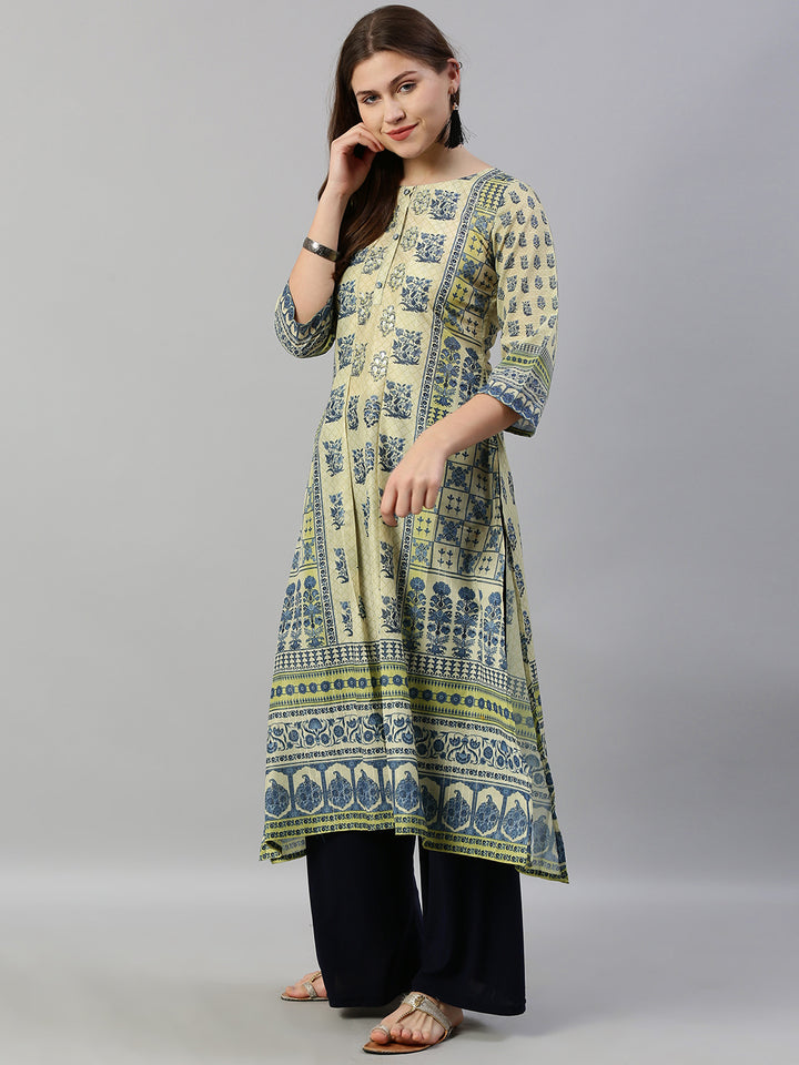 Neerus Beige Embroidered A Line Kurta