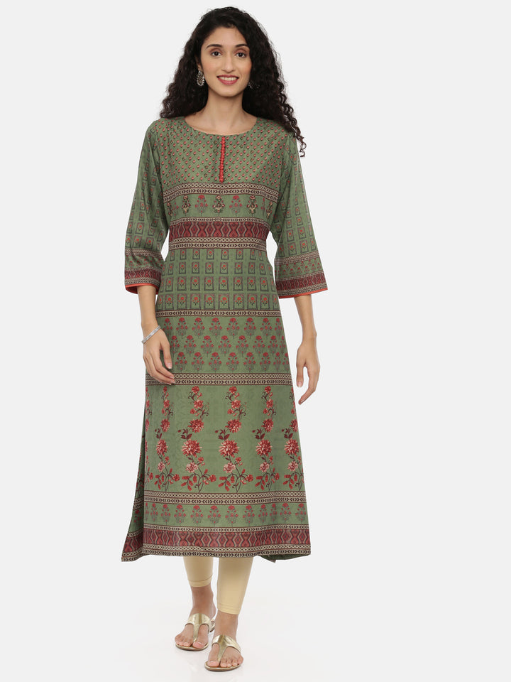 Neerus Green muslin printed A-line kurta - front view