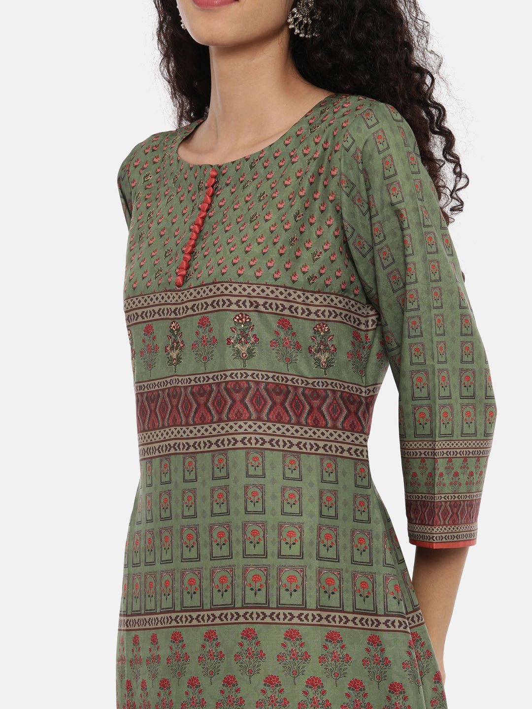 Neerus Green muslin printed A-line kurta - back view