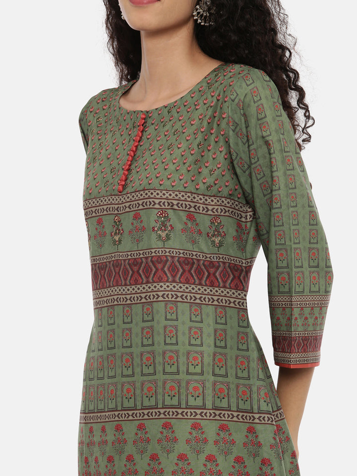 Neerus Green muslin printed A-line kurta - back view