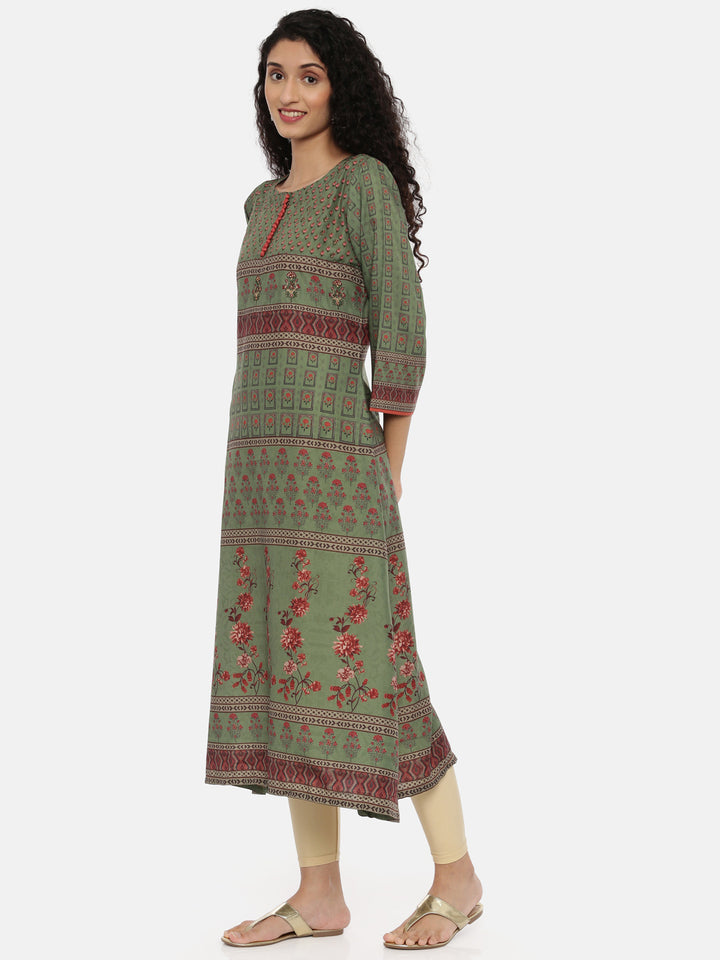 Neerus Green muslin printed A-line kurta - side view