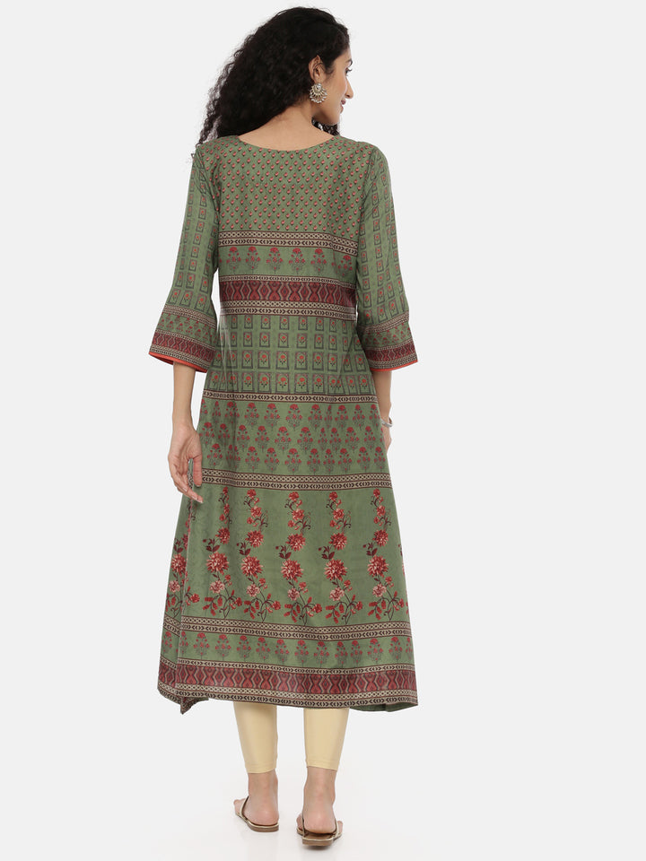Neerus Green muslin printed A-line kurta - detail view 1