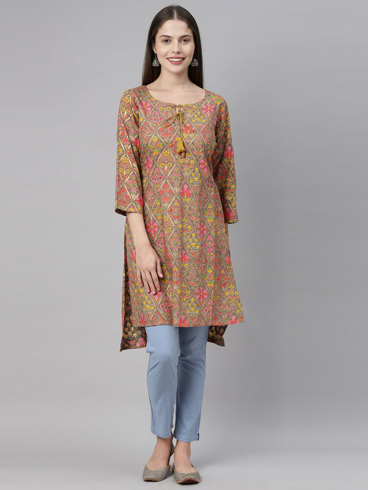 Neerus Brown Printed Straight Kurta