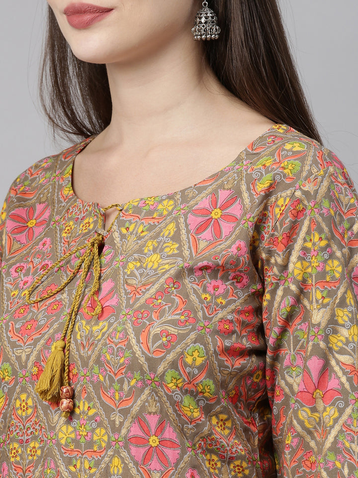 Neerus Brown Printed Straight Kurta