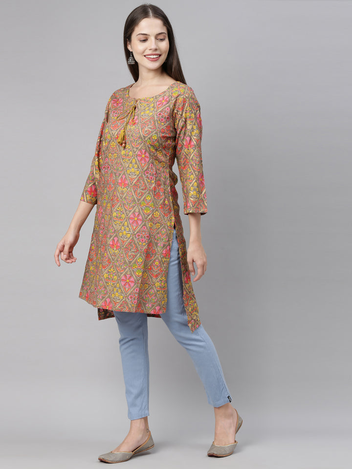 Neerus Brown Printed Straight Kurta