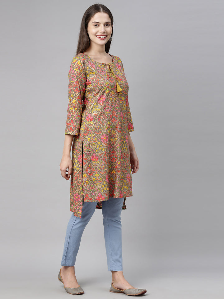 Neerus Brown Printed Straight Kurta
