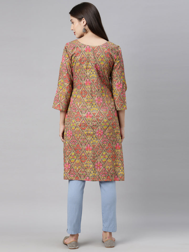Neerus Brown Printed Straight Kurta