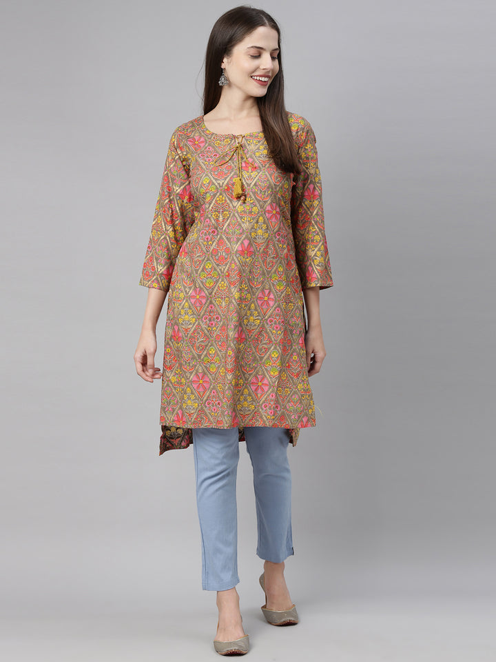 Neerus Brown Printed Straight Kurta