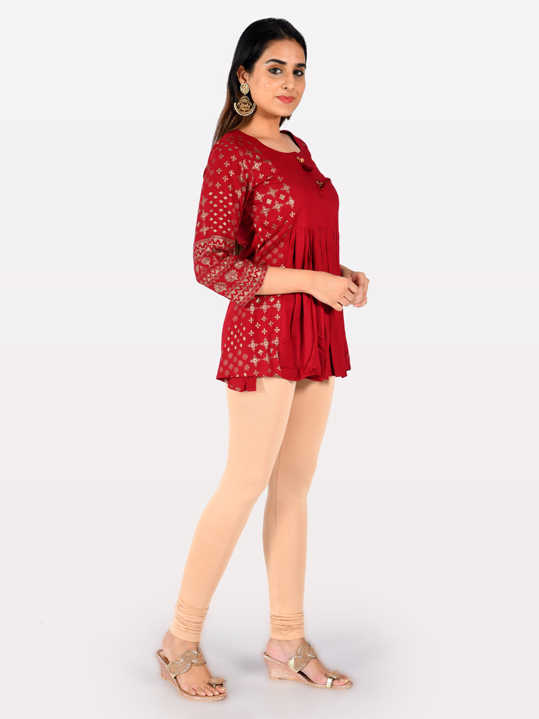 Neerus Red viscose rayon printed A-line kurti - back view