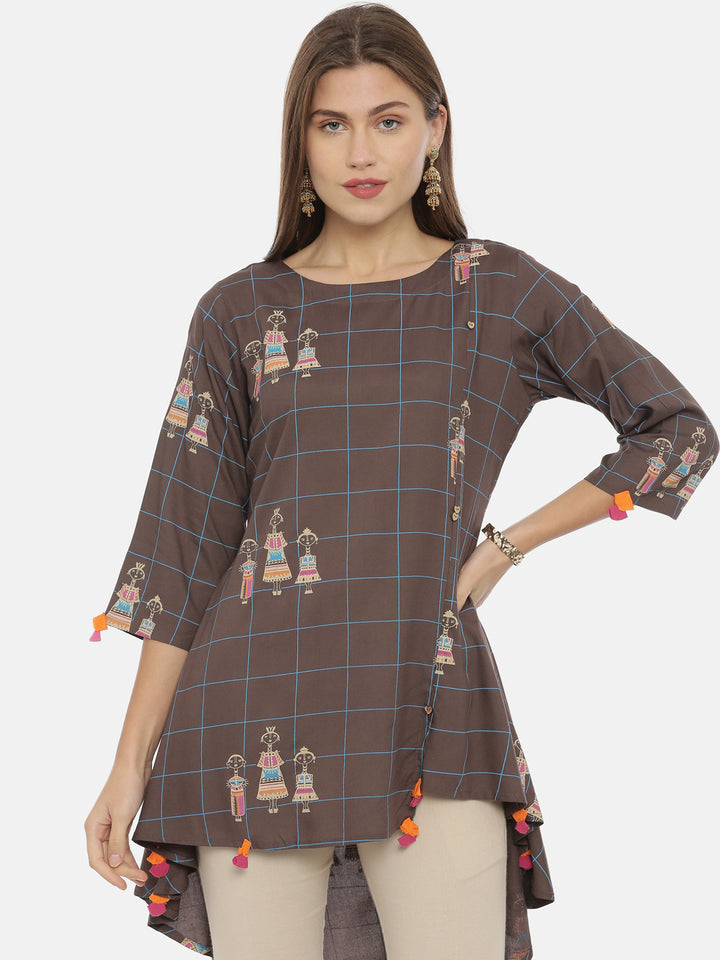 Neerus Grey rayon printed high-low kurti - detail view 3