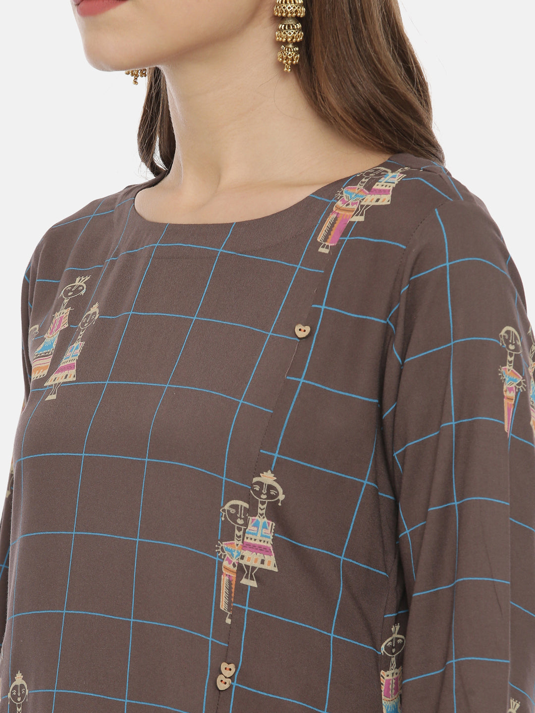 Neerus Grey rayon printed high-low kurti - back view