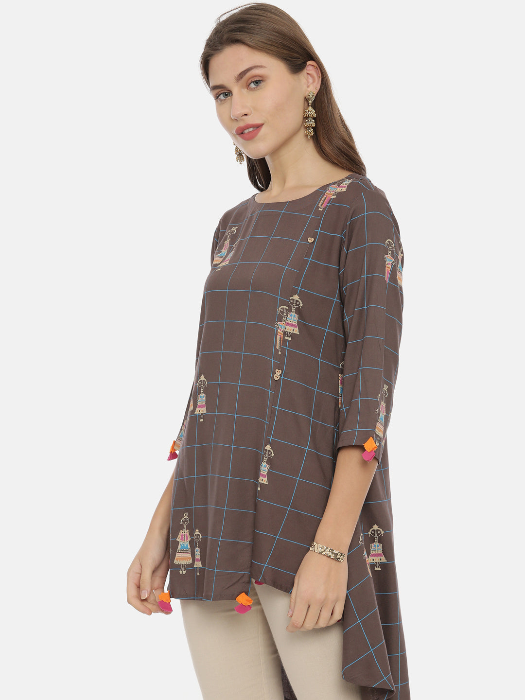 Neerus Grey rayon printed high-low kurti - side view