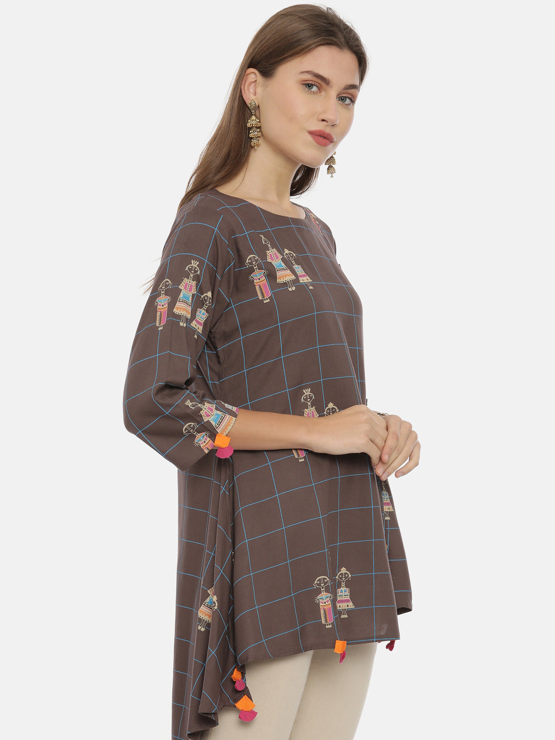 Neerus Grey rayon printed high-low kurti - detail view 1