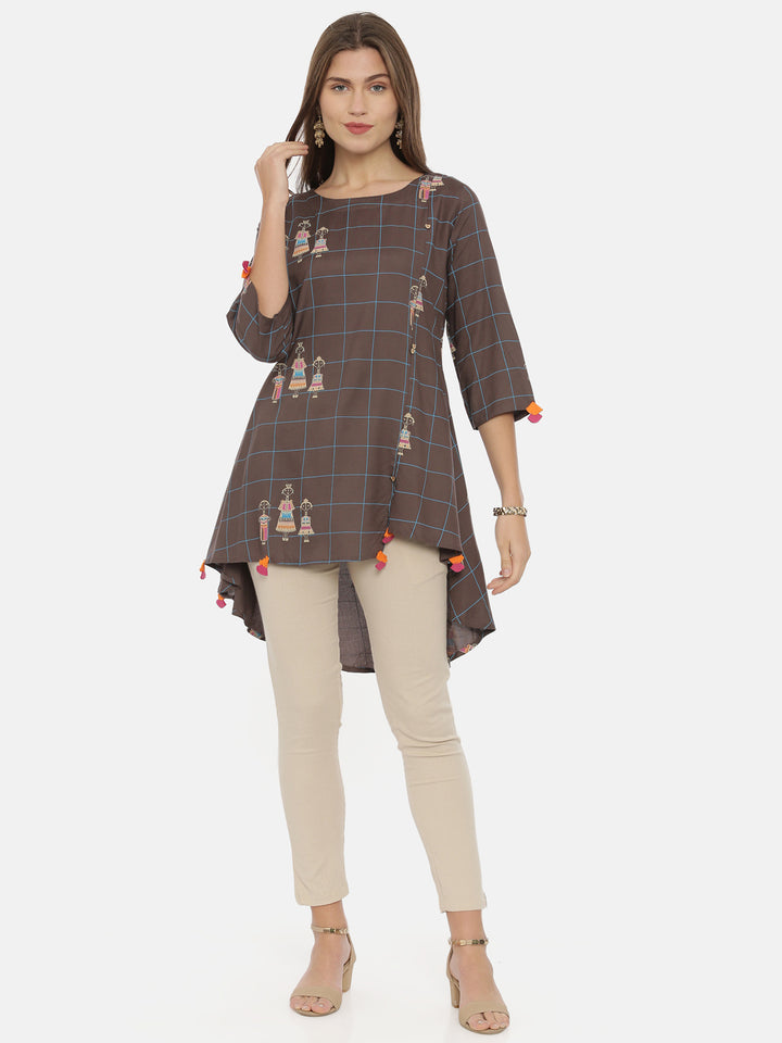 Neerus Grey rayon printed high-low kurti - front view