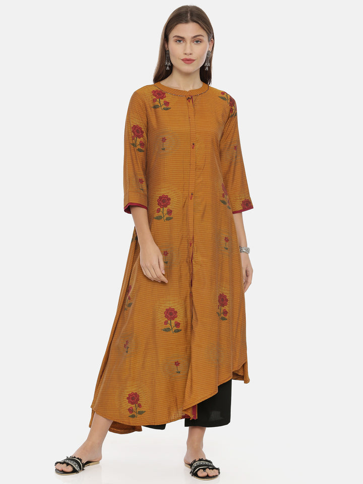 Neerus Brown muslin printed high-low kurta - front view