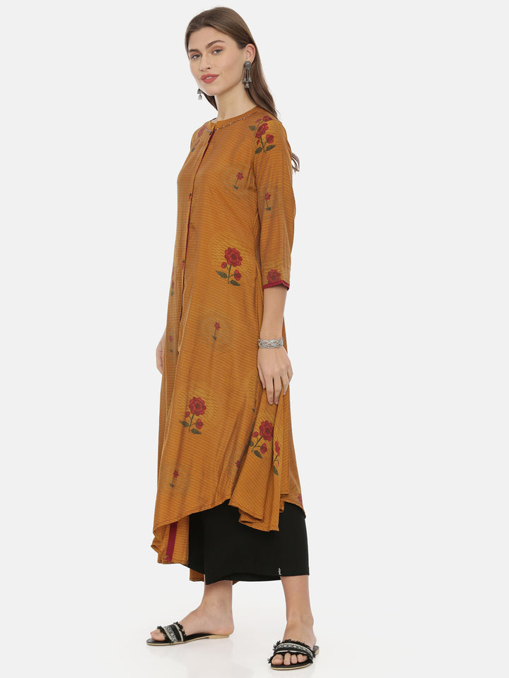 Neerus Brown muslin printed high-low kurta - side view