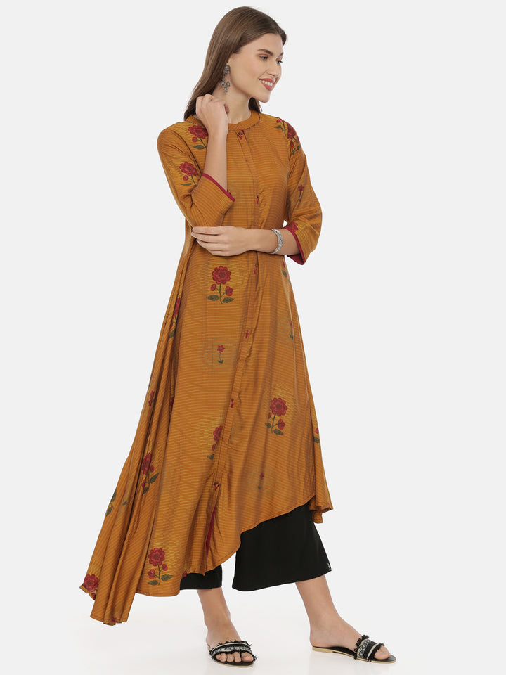 Neerus Brown muslin printed high-low kurta - detail view 1